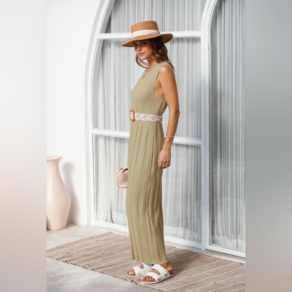 Camel / Tan Wide Ribbed Sweater Tank Midi / Maxi Dress - Picture 11 of 12